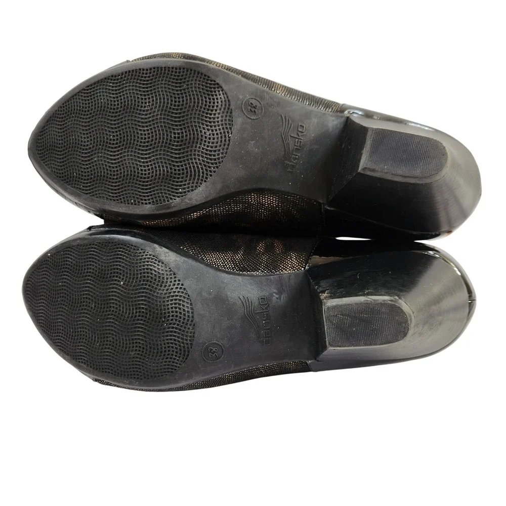 Dansko 38 Bonnie Mary Jane Heels Black Patent Leather Metallic Animal Print  7.5